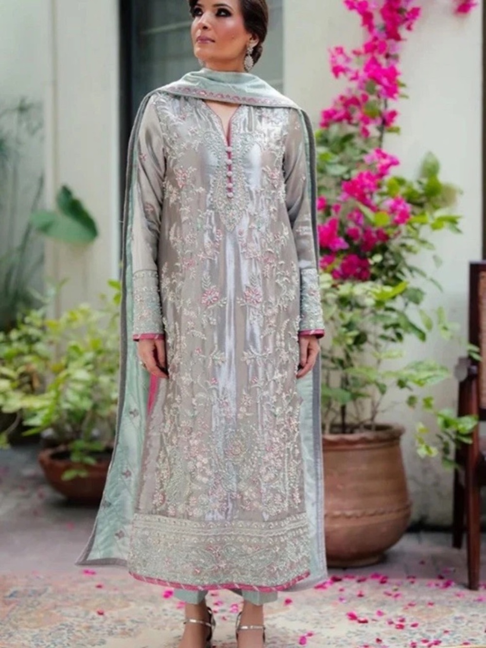 Embroidered Silver-Grey Formal Kurta with Pink Accents